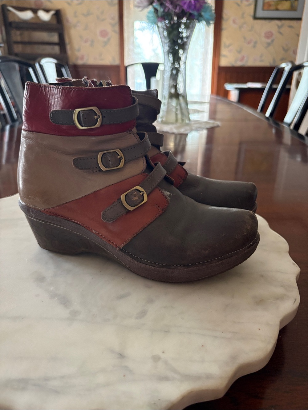 Women's Multi-Tone Leather Ankle Booties with Buckle Straps